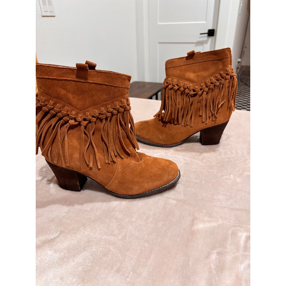 Sbicca Vintage Collection Tan Suede Fringe Western Ankle Boots Sz 9 Booties Fall